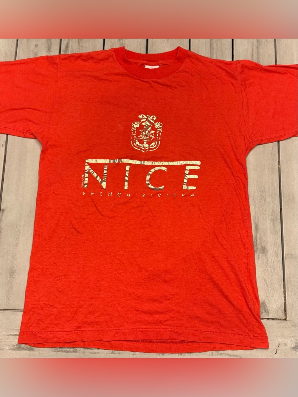 Vintage 90s Nice France French Riviera Red T Shirt Size L Gold Foil Euro Company